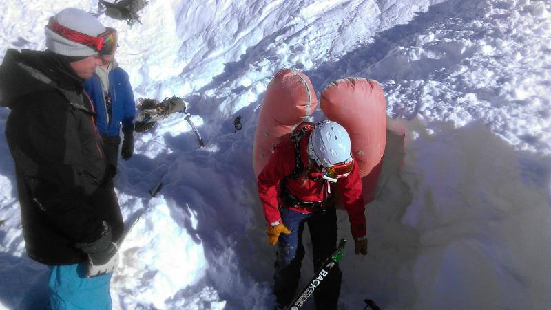 Here's Amie as she was rescued from the snow. Her airbag essentially saved her life by pushing her nearer the surface of the snow as she was tumbling. Without it, she would have been buried much deeper.